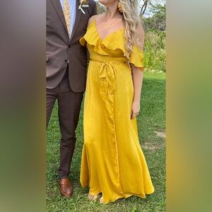 Lulus Moriah Mustard Yellow Satin Wrap Maxi Dress
